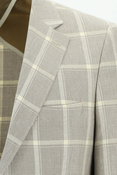 Dark Beige 4-Drop Relaxed Fit Plaid Linen Blend Jacket