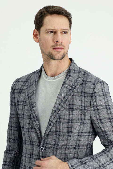 Dark Navy 8 Drop Muscle Fit Long Athletic Cut Plaid Linen Blend Jacket