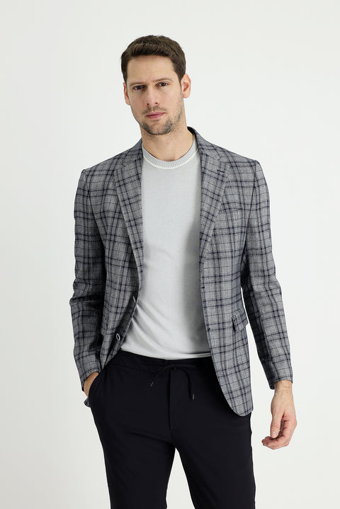 Dark Navy 8 Drop Muscle Fit Long Athletic Cut Plaid Linen Blend Jacket