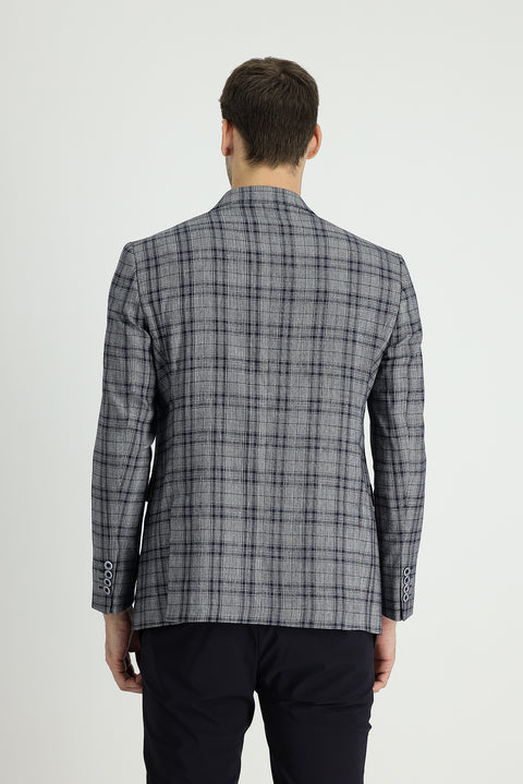 Dark Navy 8 Drop Muscle Fit Long Athletic Cut Plaid Linen Blend Jacket