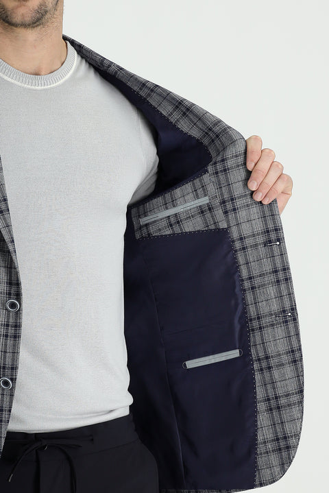 Dark Navy 8 Drop Muscle Fit Long Athletic Cut Plaid Linen Blend Jacket