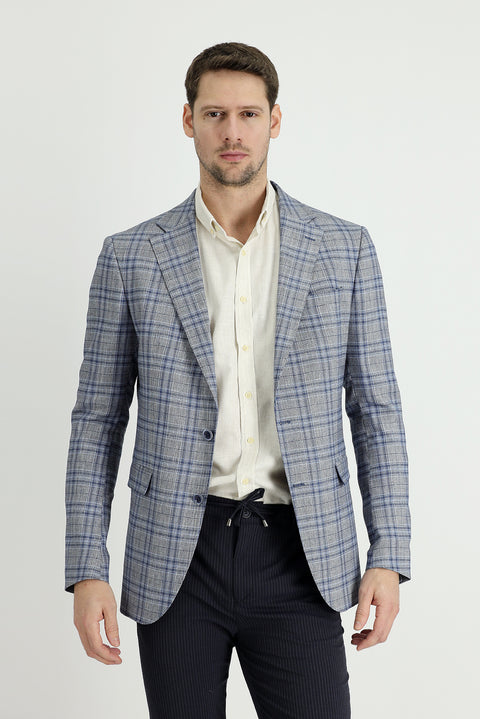 Blue 8 Drop Muscle Fit Long Athletic Cut Plaid Linen Blend Jacket
