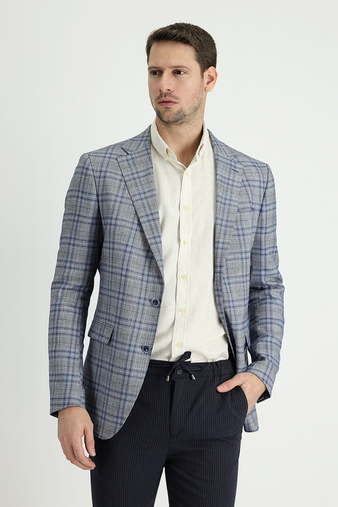 Blue 8 Drop Muscle Fit Long Athletic Cut Plaid Linen Blend Jacket