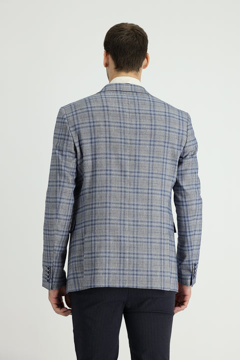 Blue 8 Drop Muscle Fit Long Athletic Cut Plaid Linen Blend Jacket