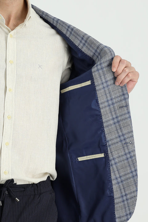 Blue 8 Drop Muscle Fit Long Athletic Cut Plaid Linen Blend Jacket
