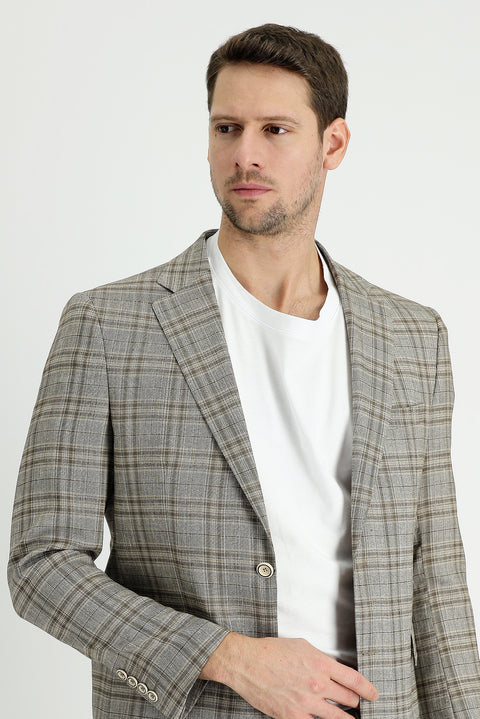 Medium Mink 8 Drop Muscle Fit Long Athletic Cut Plaid Linen Blend Jacket