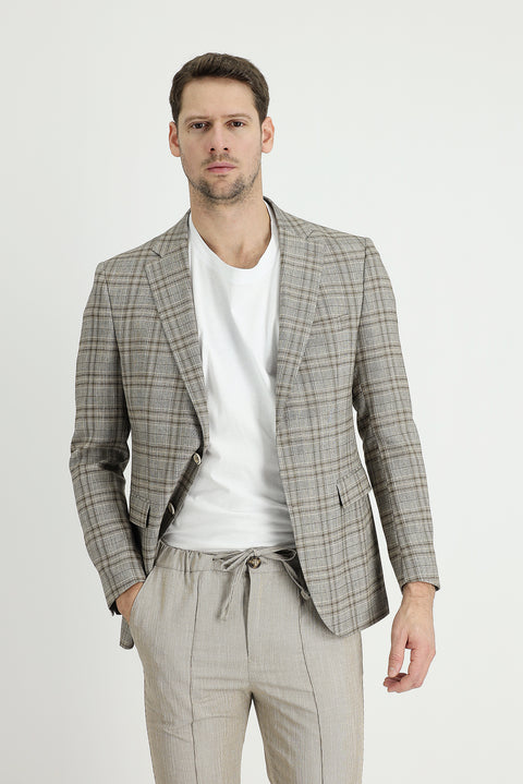 Medium Mink 8 Drop Muscle Fit Long Athletic Cut Plaid Linen Blend Jacket