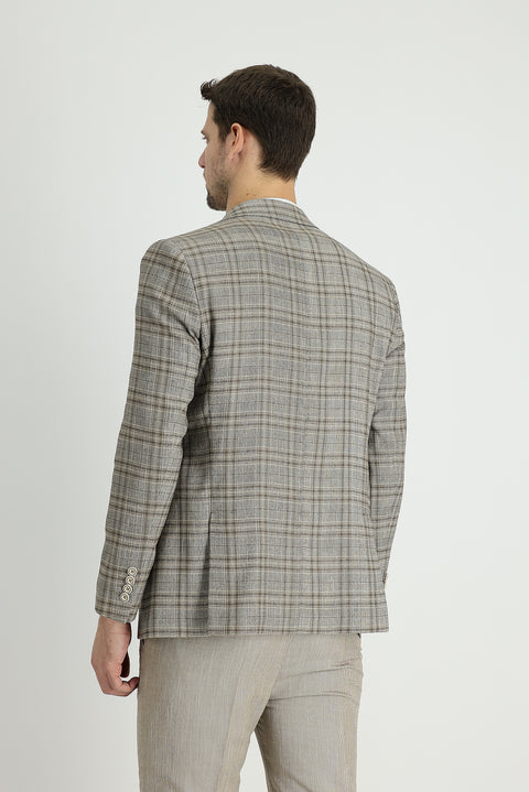 Medium Mink 8 Drop Muscle Fit Long Athletic Cut Plaid Linen Blend Jacket