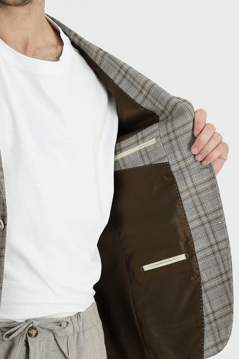Medium Mink 7 Drop Slim Fit Plaid Linen Jacket
