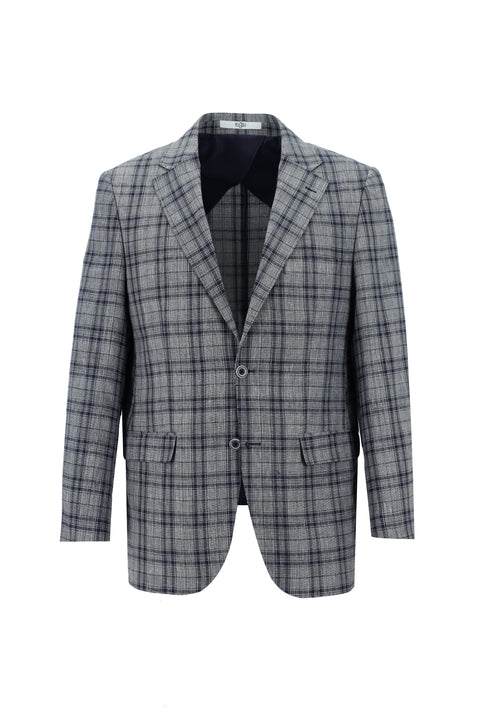 Dark Navy 4-Drop Relaxed Fit Plaid Linen Jacket