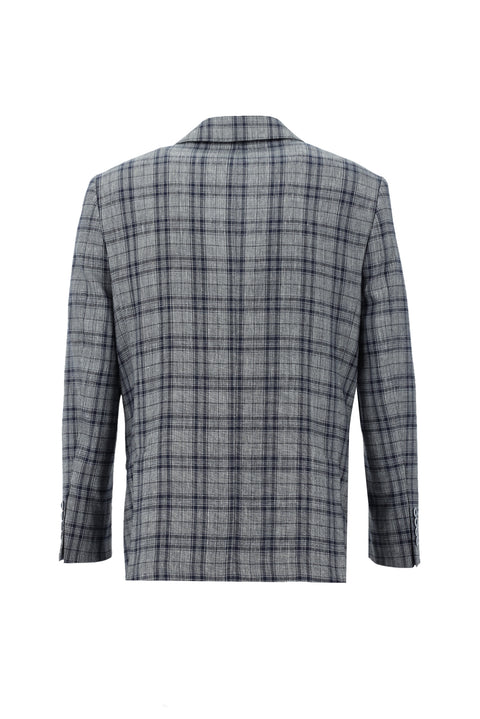 Dark Navy 4-Drop Relaxed Fit Plaid Linen Jacket
