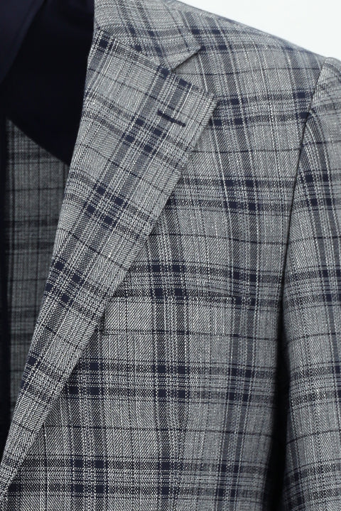 Dark Navy 4-Drop Relaxed Fit Plaid Linen Jacket