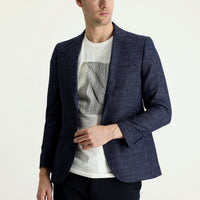 Medium Navy 7 Drop Slim Fit Patterned Linen Blend Jacket