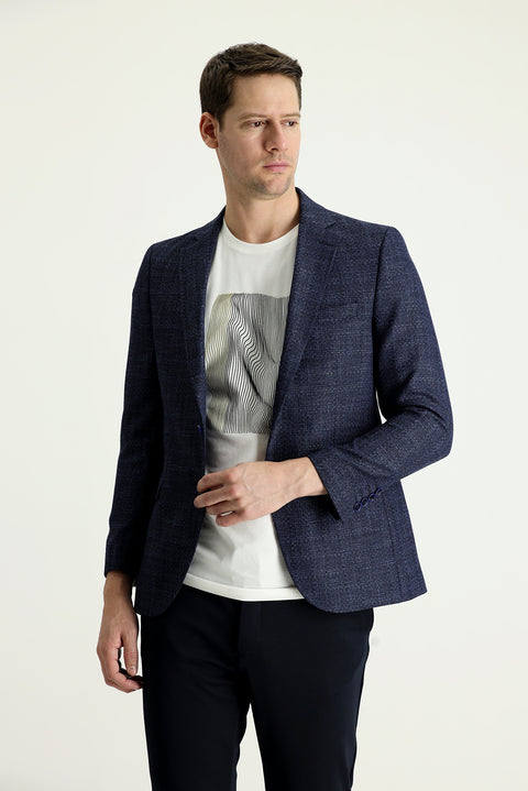 Medium Navy 7 Drop Slim Fit Patterned Linen Blend Jacket