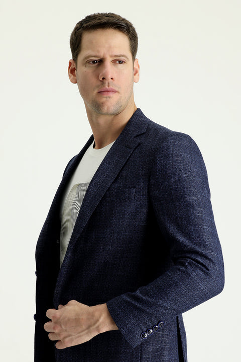 Medium Navy 7 Drop Slim Fit Patterned Linen Blend Jacket