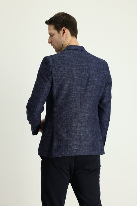Medium Navy 7 Drop Slim Fit Patterned Linen Blend Jacket