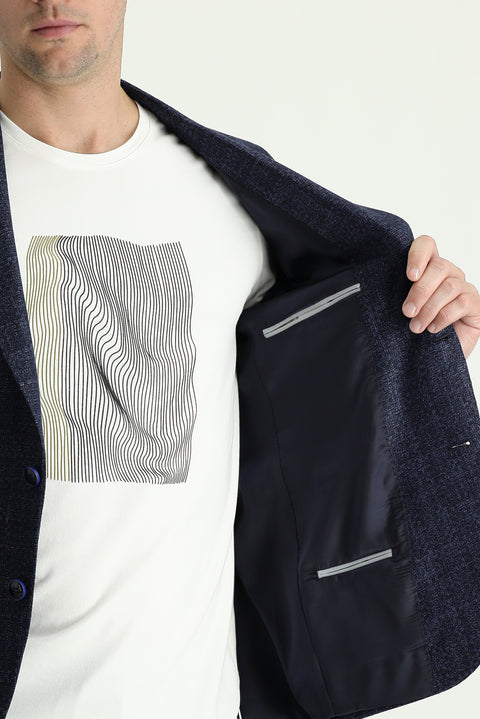 Medium Navy 7 Drop Slim Fit Patterned Linen Blend Jacket