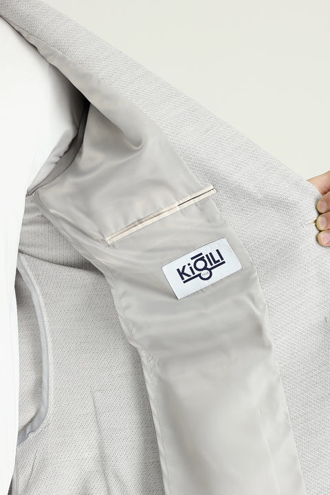 Medium Grey 8 Drop Muscle Fit Long Athletic Cut Classic Patterned Linen Blend Jacket