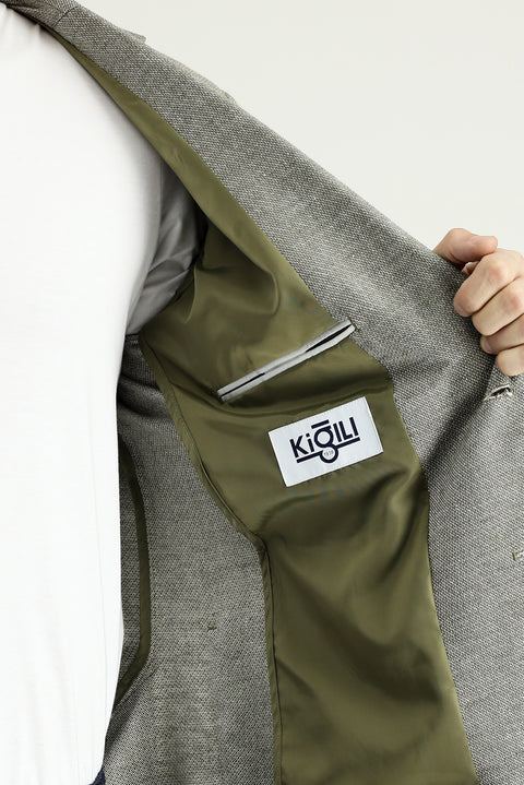 Dark Green 8 Drop Muscle Fit Long Athletic Cut Classic Patterned Linen Blend Jacket