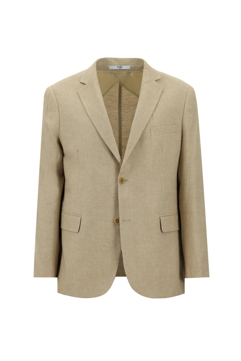 Medium Beige 4-Drop Relaxed Fit Patterned Cotton Linen Blend Jacket