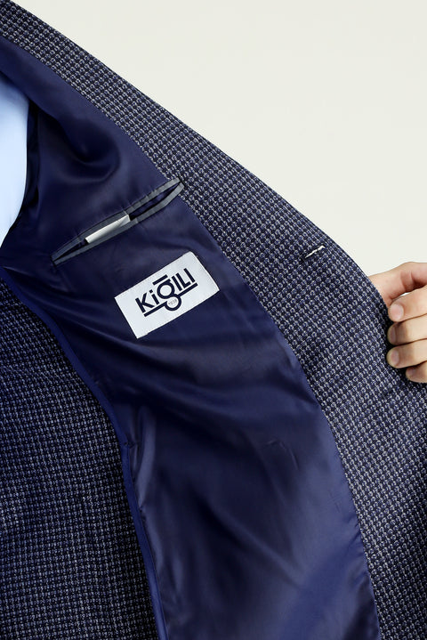 Dark Navy 7 Drop Slim Fit Classic Patterned Linen Jacket