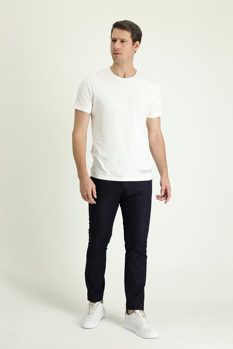 Dark Navy Regular Fit Standard Cut Lycra Denim Look Trousers