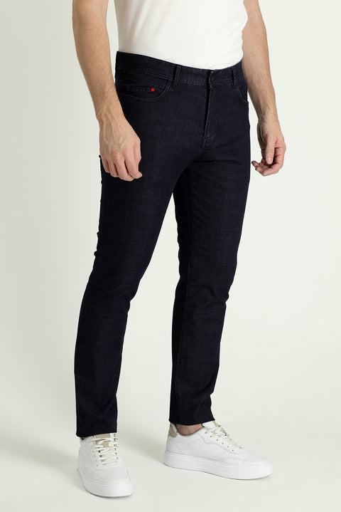 Dark Navy Regular Fit Standard Cut Lycra Denim Look Trousers