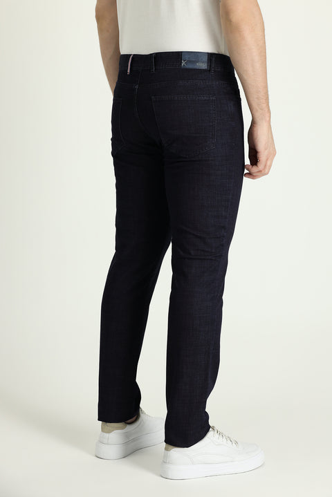 Dark Navy Regular Fit Standard Cut Lycra Denim Look Trousers