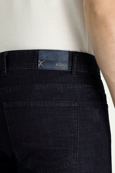Dark Navy Regular Fit Standard Cut Lycra Denim Look Trousers