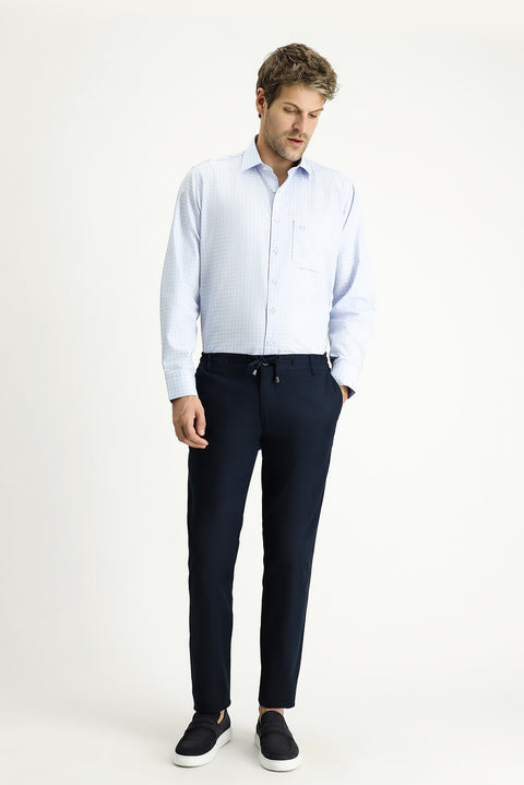 Dark Navy Blue Slim Fit Narrow Cut Elastic Waist Drawstring Stretchy Trousers