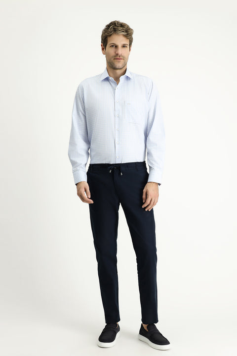 Dark Navy Blue Slim Fit Narrow Cut Elastic Waist Drawstring Stretchy Trousers