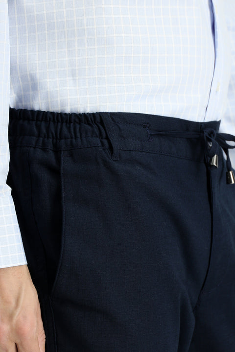 Dark Navy Blue Slim Fit Narrow Cut Elastic Waist Drawstring Stretchy Trousers