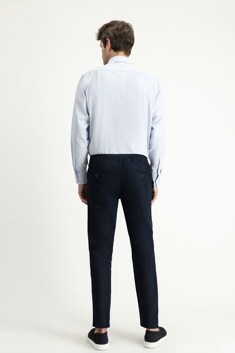 Dark Navy Blue Slim Fit Narrow Cut Elastic Waist Drawstring Stretchy Trousers