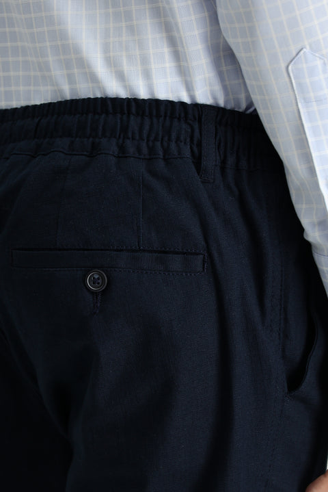 Dark Navy Blue Slim Fit Narrow Cut Elastic Waist Drawstring Stretchy Trousers