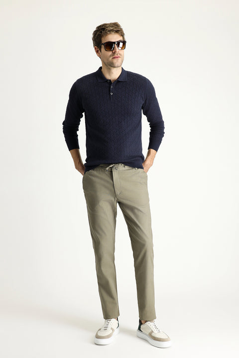 Open Khaki Slim Fit Tapered Waist Drawstring Spandex Trousers