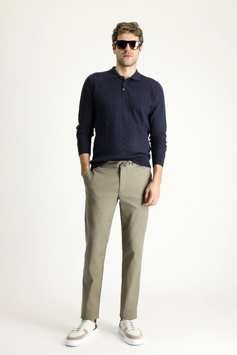 Open Khaki Slim Fit Tapered Waist Drawstring Spandex Trousers