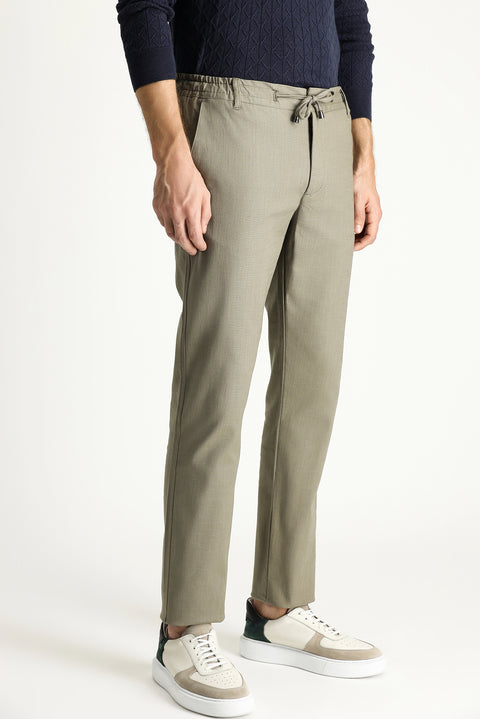 Open Khaki Slim Fit Tapered Waist Drawstring Spandex Trousers