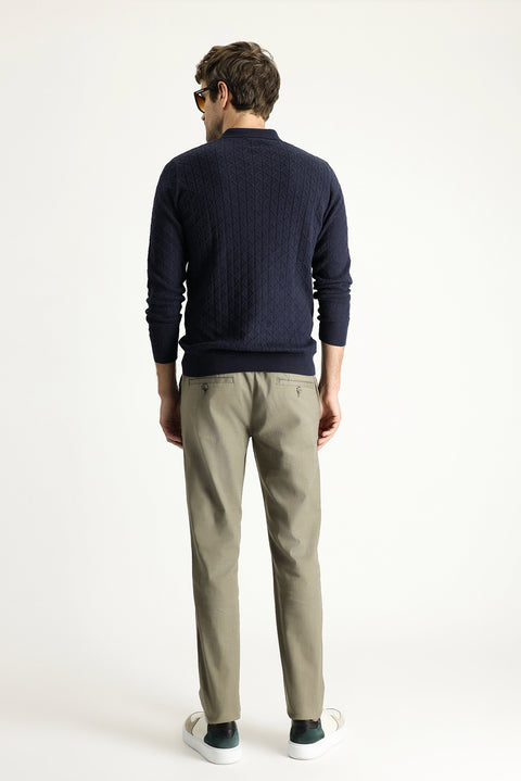 Open Khaki Slim Fit Tapered Waist Drawstring Spandex Trousers