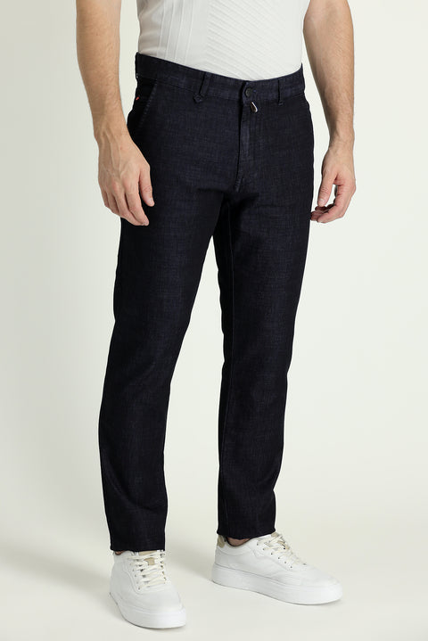 Black Regular Fit Standard Cut Lycra Denim Look Trousers