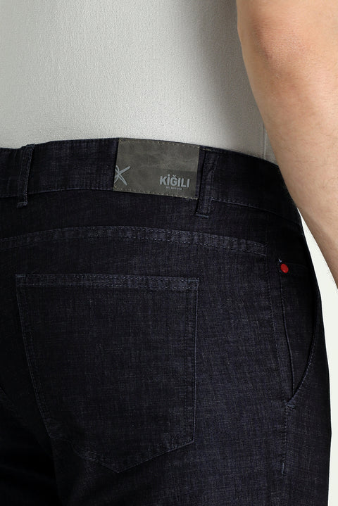 Black Regular Fit Standard Cut Lycra Denim Look Trousers