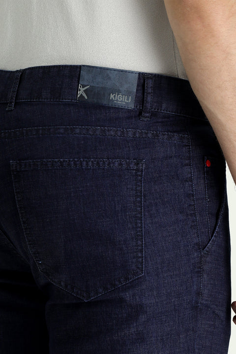 Mid Indigo Regular Fit Standard Cut Stretch Denim Look Trousers