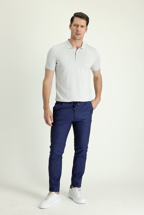 Dark Navy Slim Fit Skinny Elasticated Waist Drawstring Patterned Lycra Trousers