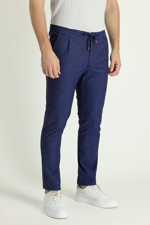 Dark Navy Slim Fit Skinny Elasticated Waist Drawstring Patterned Lycra Trousers