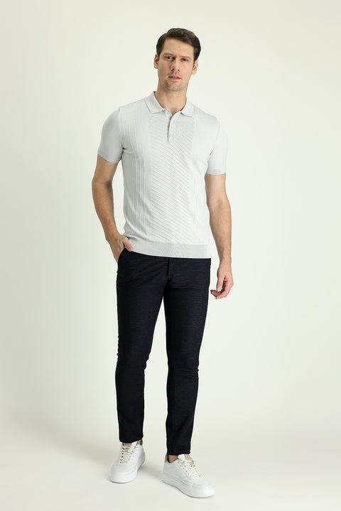 Dark Navy Blue Slim Fit Patterned Lycra Canvas / Chino Trousers