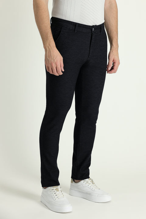 Dark Navy Blue Slim Fit Patterned Lycra Canvas / Chino Trousers