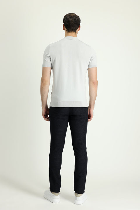 Dark Navy Blue Slim Fit Patterned Lycra Canvas / Chino Trousers