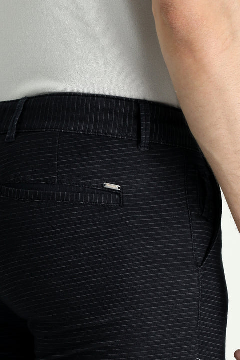 Dark Navy Blue Slim Fit Patterned Lycra Canvas / Chino Trousers