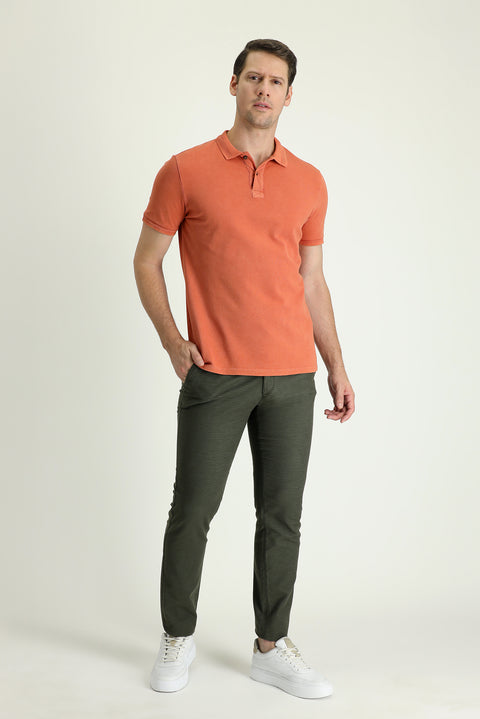 Medium Khaki Slim Fit Patterned Stretchy Canvas / Chino Trousers
