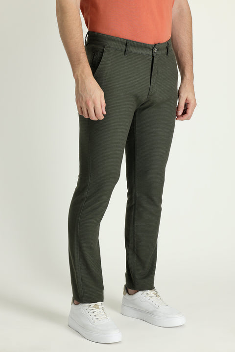 Medium Khaki Slim Fit Patterned Stretchy Canvas / Chino Trousers