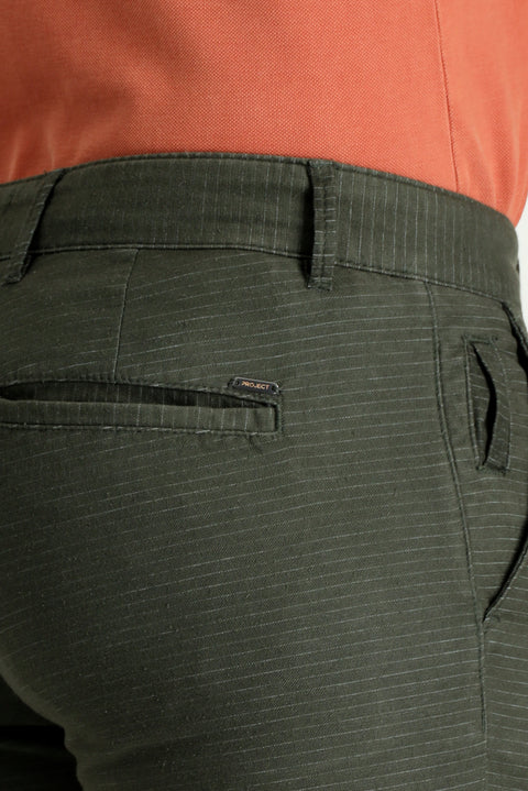 Medium Khaki Slim Fit Patterned Stretchy Canvas / Chino Trousers